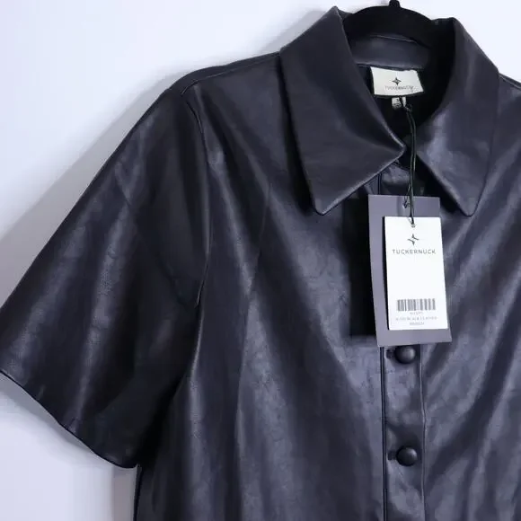 TUCKERNUCK NWT Leather Violetta Shirt Dress Black Short Sleeves Women's M - Picture 3 of 13